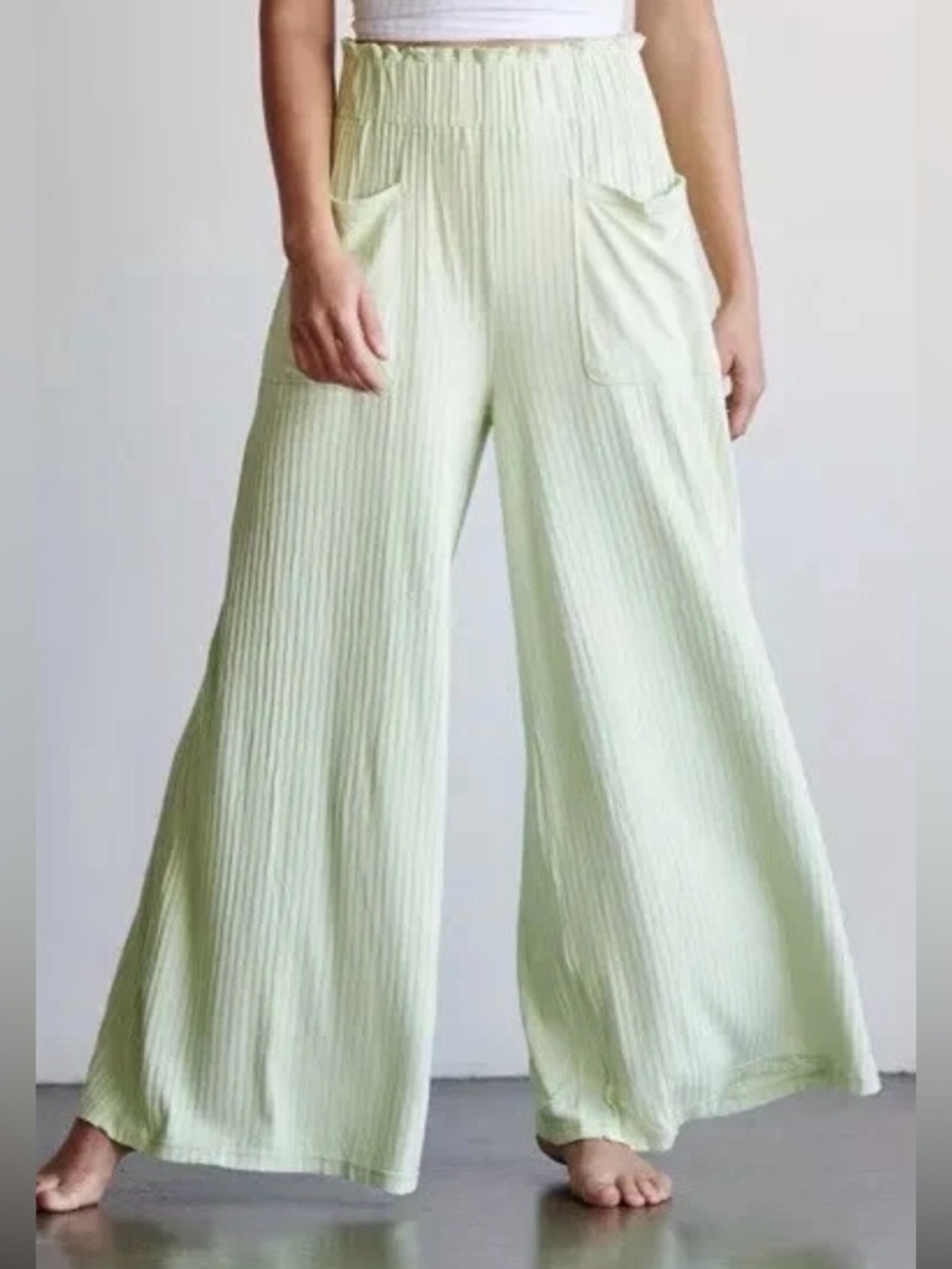 Free People Movement Blissed Out Wide Leg Pants Womens Size XS Green Ribbed